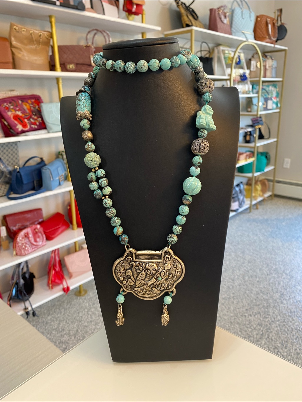 Blue Stone Beaded Pendant Necklace Silver